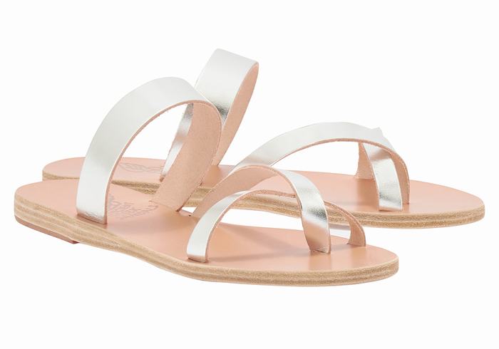 Women Ancient Greek Sandals Daphnae Leather Slide Sandals Silver | BKQ589BG