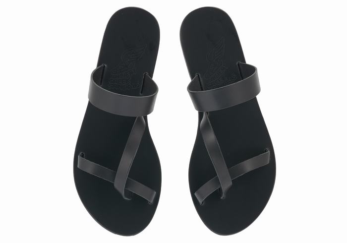 Women Ancient Greek Sandals Daphnae Leather Slide Sandals Black | LTB2938ER