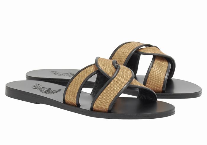 Women Ancient Greek Sandals Desmos Slide Sandals Brown Black | JKC1220WH