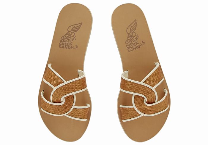 Women Ancient Greek Sandals Desmos Slide Sandals Brown White | NWW9964FK