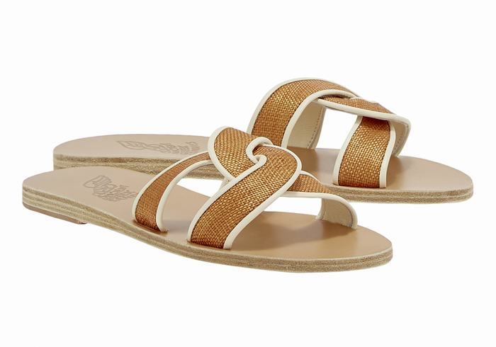 Women Ancient Greek Sandals Desmos Slide Sandals Brown White | NWW9964FK