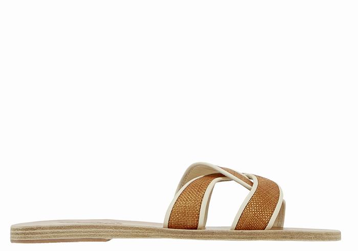 Women Ancient Greek Sandals Desmos Slide Sandals Brown White | NWW9964FK