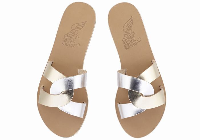 Women Ancient Greek Sandals Desmos Slide Sandals Gold White Silver | GBB8611RZ