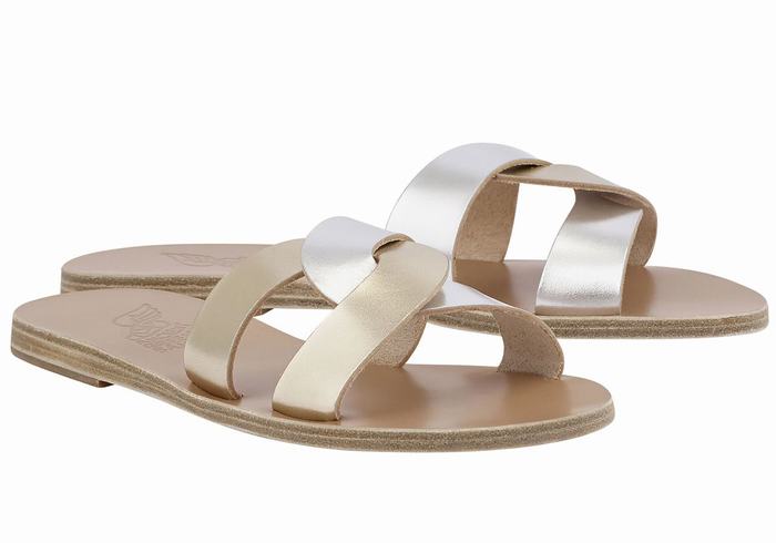 Women Ancient Greek Sandals Desmos Slide Sandals Gold White Silver | GBB8611RZ