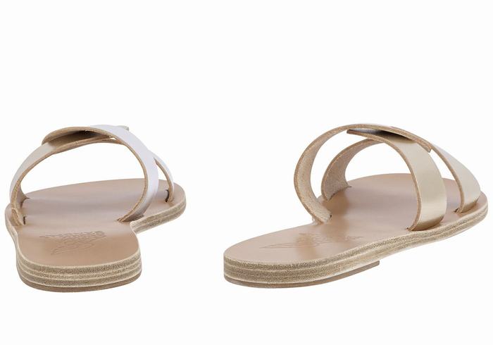 Women Ancient Greek Sandals Desmos Slide Sandals Gold White Silver | GBB8611RZ