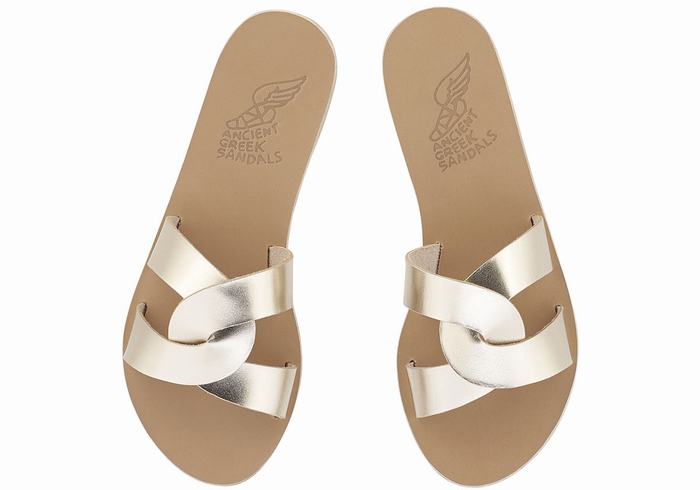 Women Ancient Greek Sandals Desmos Slide Sandals Gold White | XET3053AO