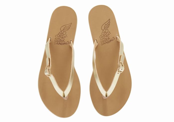 Women Ancient Greek Sandals Dihalo Leather Flip Flops Gold White | VGL6062EF