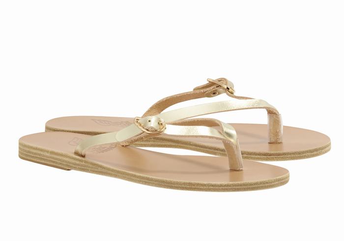 Women Ancient Greek Sandals Dihalo Leather Flip Flops Gold White | VGL6062EF