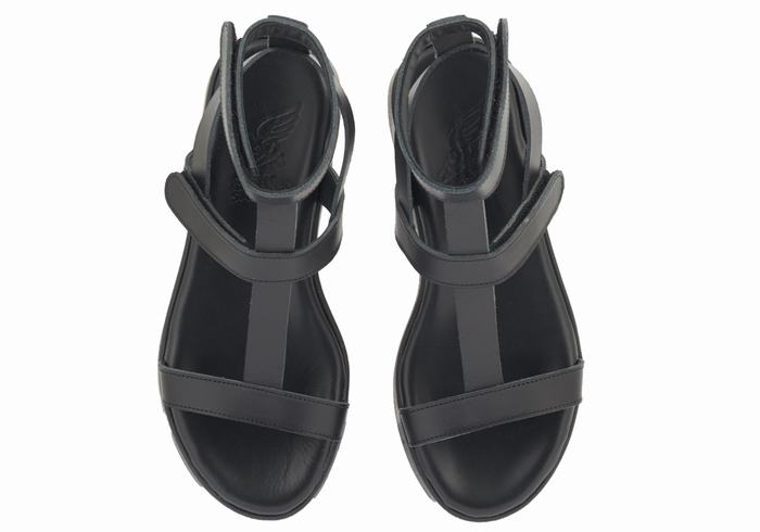 Women Ancient Greek Sandals Efrosini Leather Platform Sandals Black | YUE7733KK