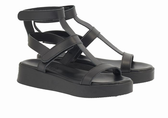 Women Ancient Greek Sandals Efrosini Leather Platform Sandals Black | YUE7733KK