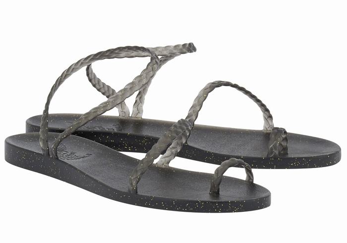 Women Ancient Greek Sandals Eleftheria Braided Sandals Black Gold | FTP2389BS