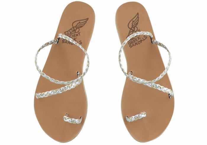 Women Ancient Greek Sandals Eleftheria Leather Braided Sandals Silver Gold White | WVC139VG