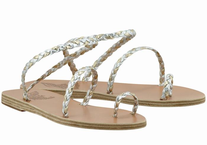 Women Ancient Greek Sandals Eleftheria Leather Braided Sandals Silver Gold White | WVC139VG