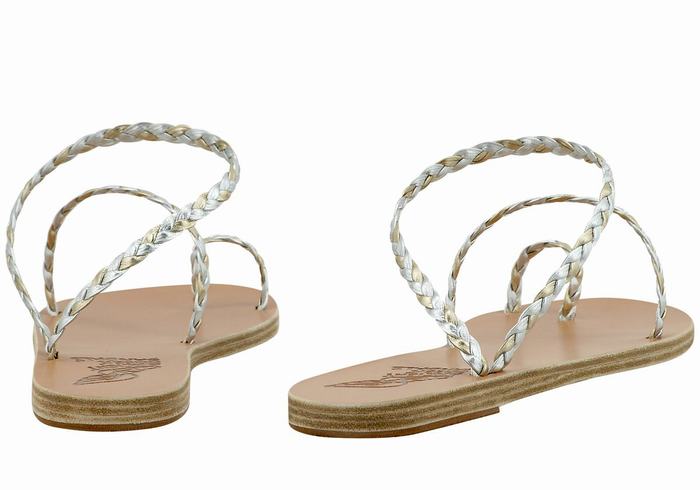 Women Ancient Greek Sandals Eleftheria Leather Braided Sandals Silver Gold White | WVC139VG