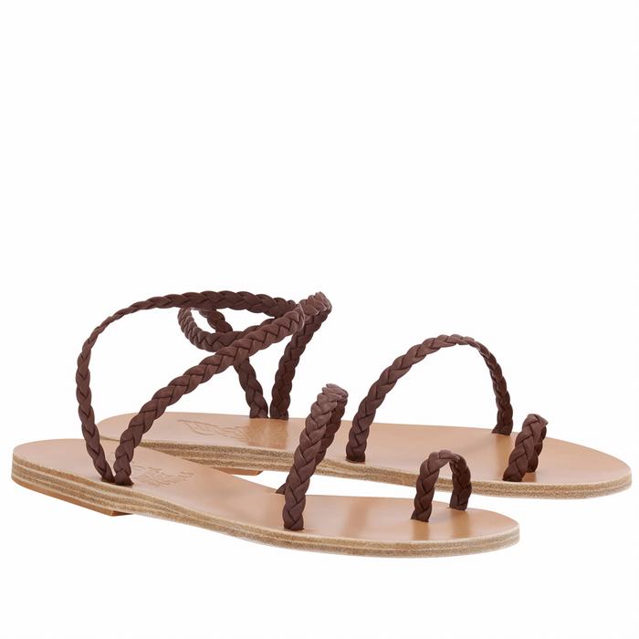 Women Ancient Greek Sandals Eleftheria Leather Braided Sandals Coffee | JVU6050OI