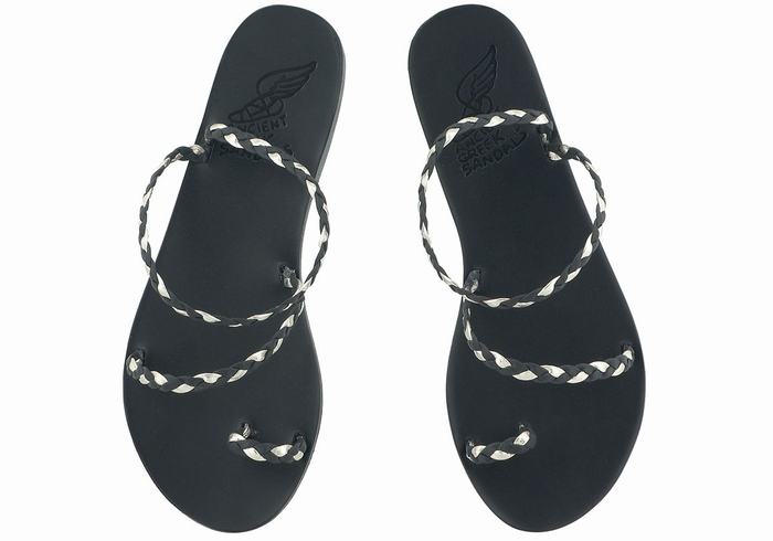 Women Ancient Greek Sandals Eleftheria Leather Braided Sandals Black Gold White | TFR6379RK