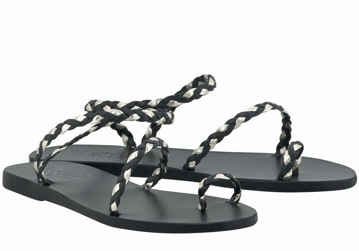 Women Ancient Greek Sandals Eleftheria Leather Braided Sandals Black Gold White | TFR6379RK