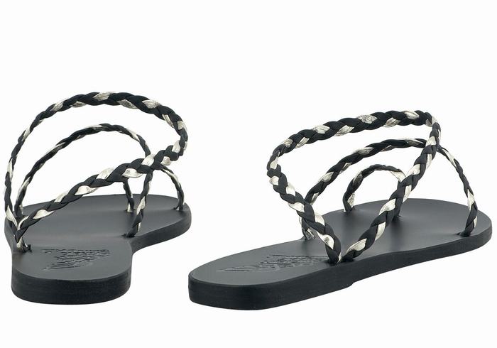 Women Ancient Greek Sandals Eleftheria Leather Braided Sandals Black Gold White | TFR6379RK