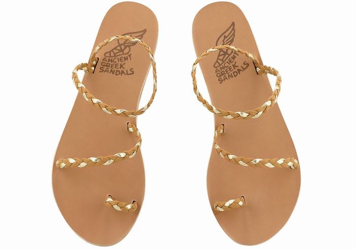 Women Ancient Greek Sandals Eleftheria Leather Braided Sandals Beige Gold White | RCB8630ZX