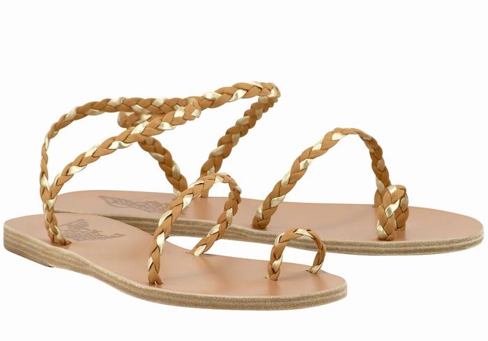 Women Ancient Greek Sandals Eleftheria Leather Braided Sandals Beige Gold White | RCB8630ZX