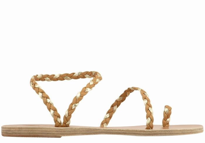 Women Ancient Greek Sandals Eleftheria Leather Braided Sandals Beige Gold White | RCB8630ZX