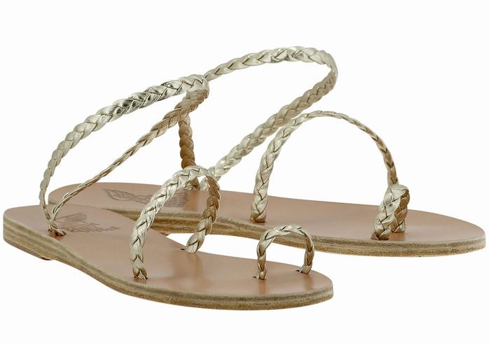 Women Ancient Greek Sandals Eleftheria Leather Braided Sandals Gold White | VQC3352NQ