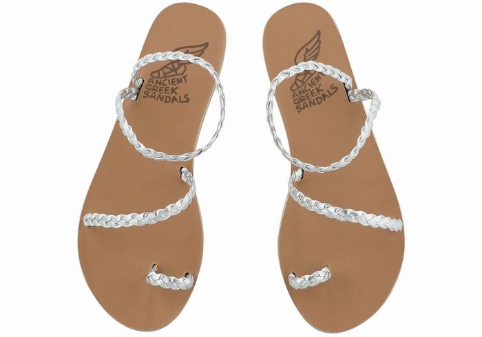 Women Ancient Greek Sandals Eleftheria Leather Braided Sandals Silver | LBE5464PU