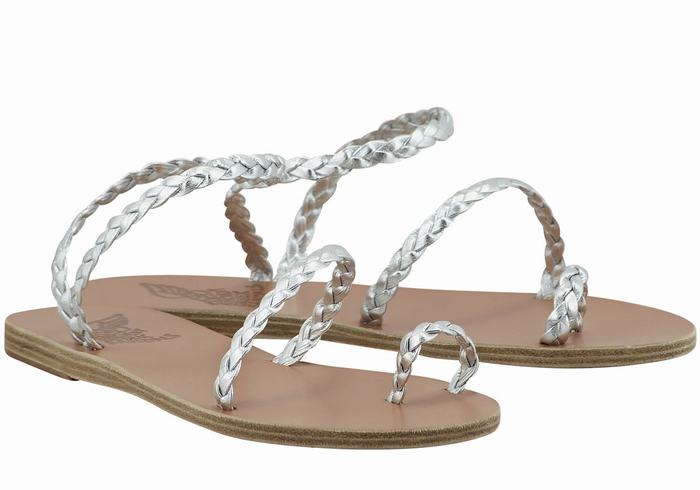 Women Ancient Greek Sandals Eleftheria Leather Braided Sandals Silver | LBE5464PU