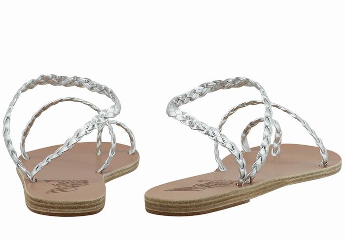 Women Ancient Greek Sandals Eleftheria Leather Braided Sandals Silver | LBE5464PU