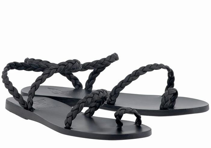 Women Ancient Greek Sandals Eleftheria Leather Braided Sandals Black | KFU4977RZ