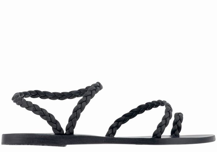 Women Ancient Greek Sandals Eleftheria Leather Braided Sandals Black | KFU4977RZ