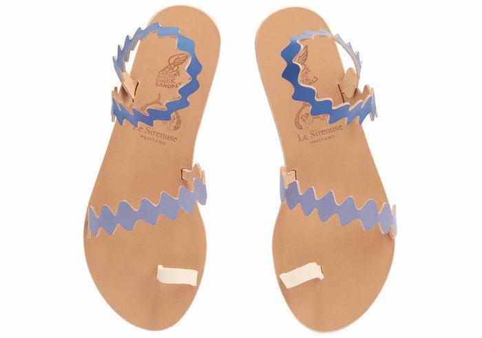 Women Ancient Greek Sandals Eleftheria Onda Leather Toe-Post Sandals Blue White | WFI1226IG