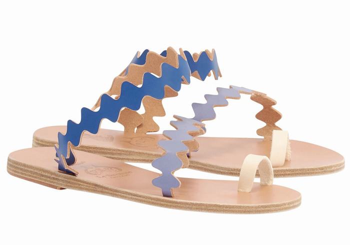 Women Ancient Greek Sandals Eleftheria Onda Leather Toe-Post Sandals Blue White | WFI1226IG