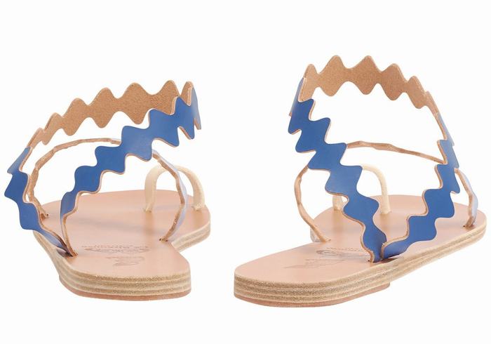 Women Ancient Greek Sandals Eleftheria Onda Leather Toe-Post Sandals Blue White | WFI1226IG