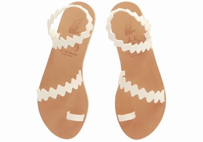 Women Ancient Greek Sandals Eleftheria Onda Leather Toe-Post Sandals White | TXP8843VX