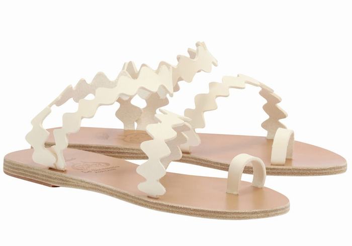 Women Ancient Greek Sandals Eleftheria Onda Leather Toe-Post Sandals White | TXP8843VX