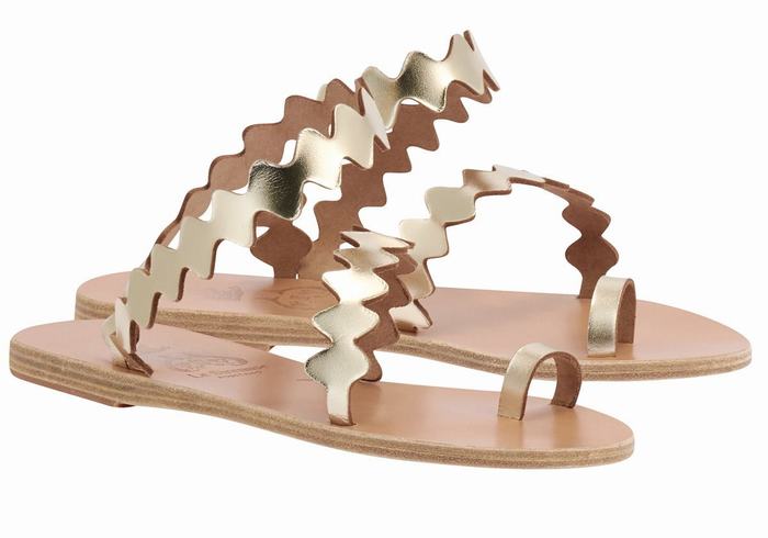 Women Ancient Greek Sandals Eleftheria Onda Toe-Post Sandals Gold White | NGZ7436GO