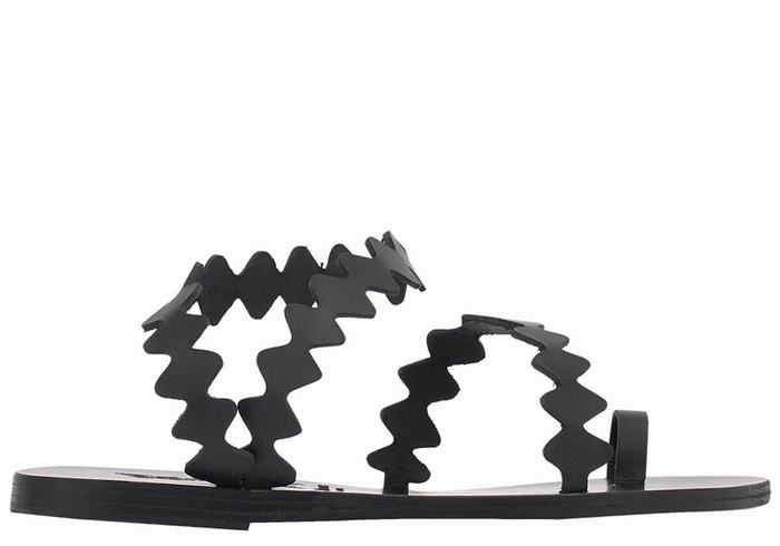 Women Ancient Greek Sandals Eleftheria Onda Leather Toe-Post Sandals Black | RZS1764IA