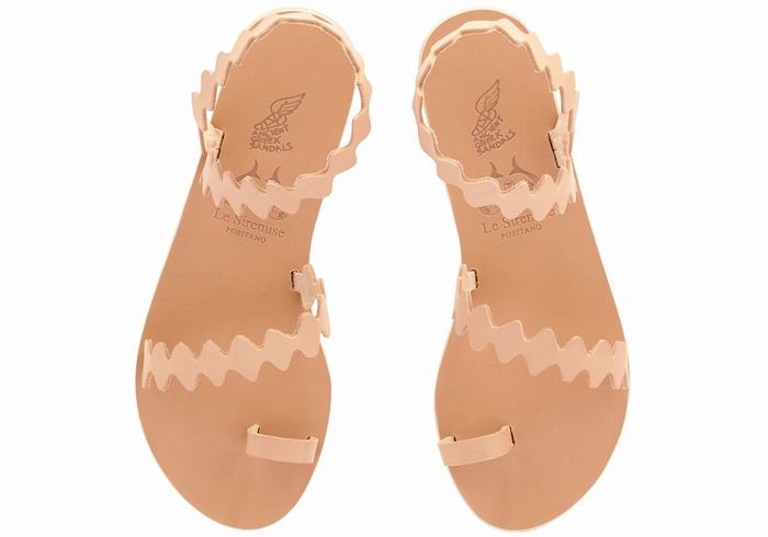 Women Ancient Greek Sandals Eleftheria Onda Leather Toe-Post Sandals Beige | ASK3696CI