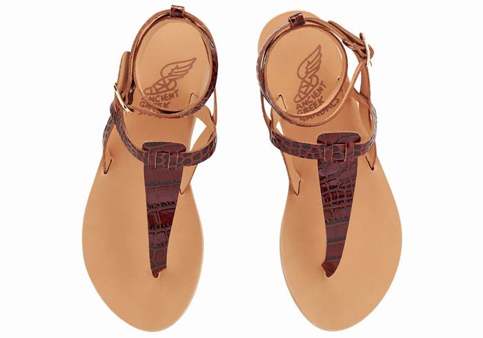 Women Ancient Greek Sandals Estia Ankle Strap Sandals Dark Red Black | QRH3833GT