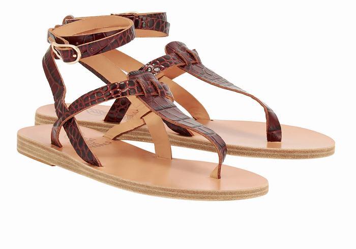 Women Ancient Greek Sandals Estia Ankle Strap Sandals Dark Red Black | QRH3833GT