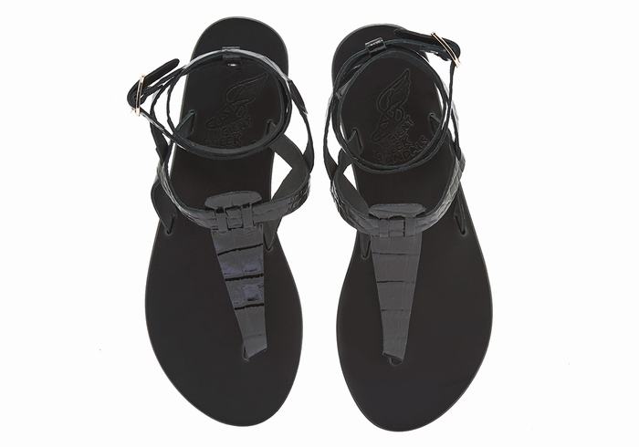 Women Ancient Greek Sandals Estia Ankle Strap Sandals Black | ULH352HJ