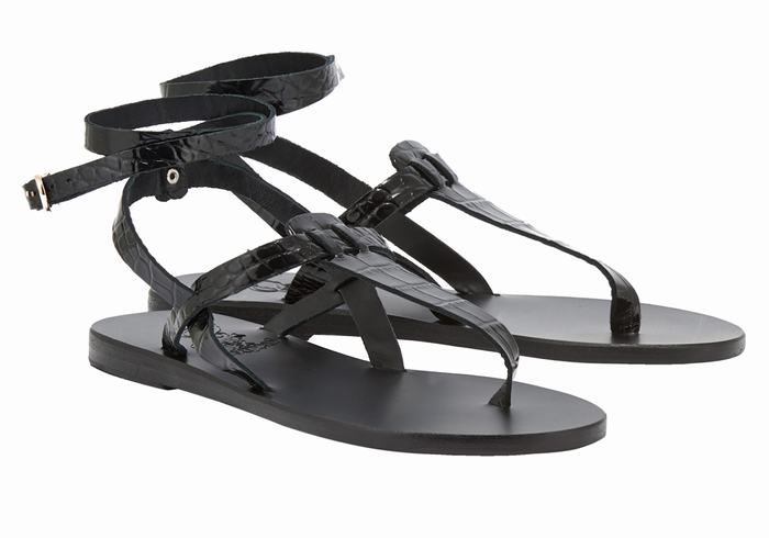 Women Ancient Greek Sandals Estia Ankle Strap Sandals Black | ULH352HJ