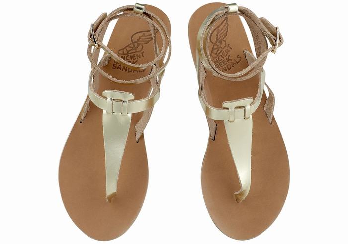 Women Ancient Greek Sandals Estia Leather Ankle Strap Sandals Gold White | YYY978DE