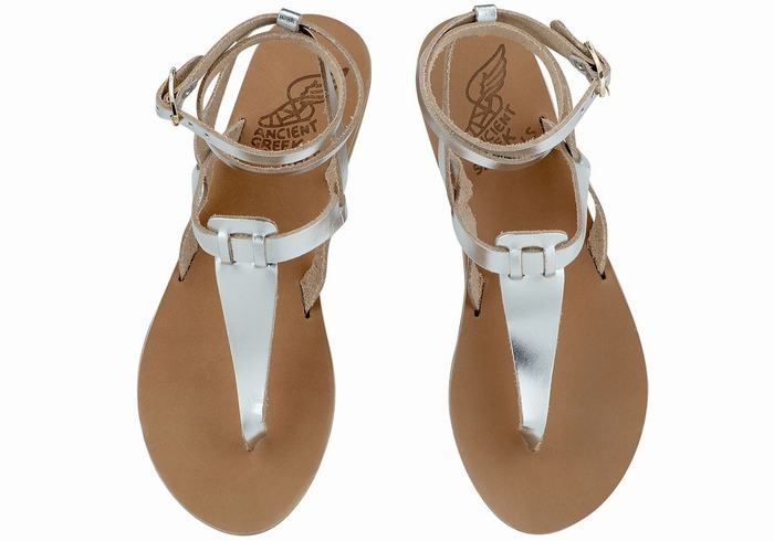 Women Ancient Greek Sandals Estia Leather Ankle Strap Sandals Silver | JYG3885SL