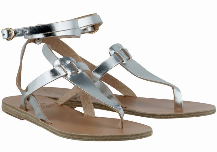 Women Ancient Greek Sandals Estia Leather Ankle Strap Sandals Silver | JYG3885SL