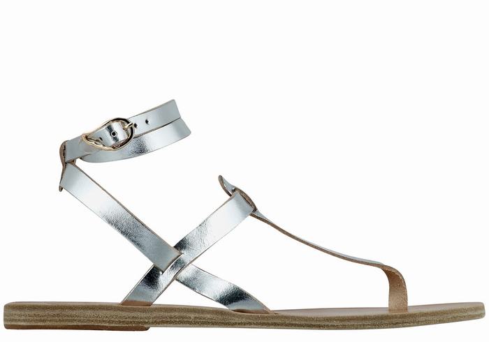 Women Ancient Greek Sandals Estia Leather Ankle Strap Sandals Silver | JYG3885SL