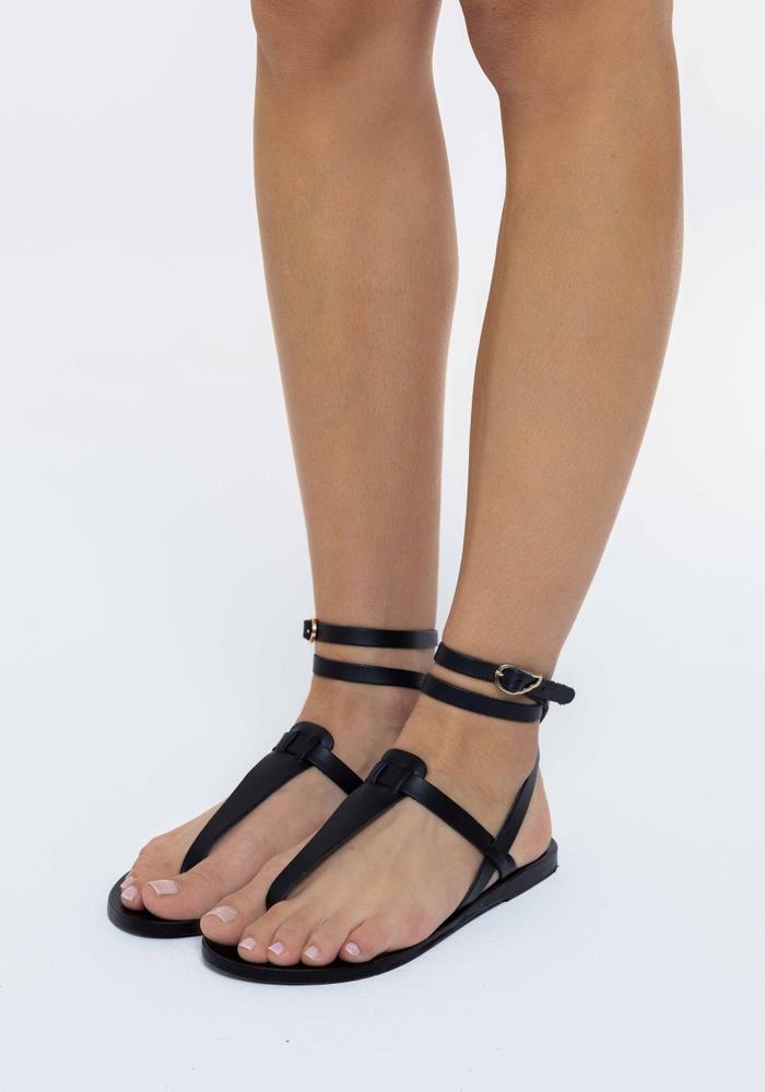 Women Ancient Greek Sandals Estia Leather Ankle Strap Sandals Black | GNQ6932NO