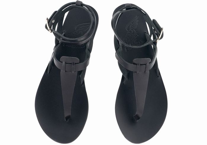 Women Ancient Greek Sandals Estia Leather Ankle Strap Sandals Black | GNQ6932NO