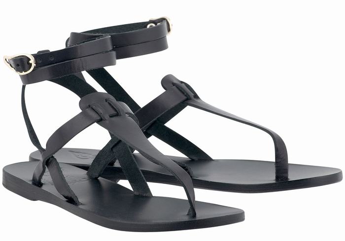 Women Ancient Greek Sandals Estia Leather Ankle Strap Sandals Black | GNQ6932NO